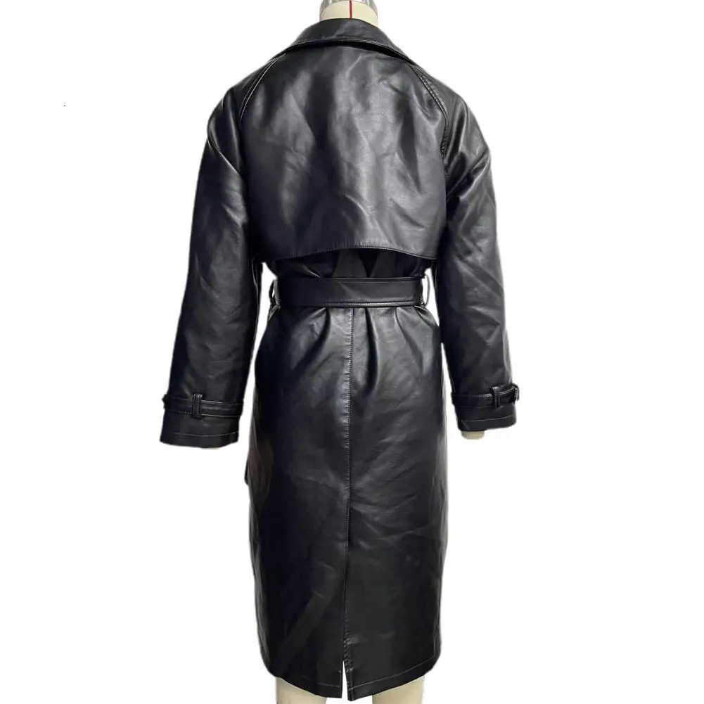 Belted Women Jacket Stylish Laceup Faux Leather Coat for Mid Length Windproof with Turndown Collar 241216