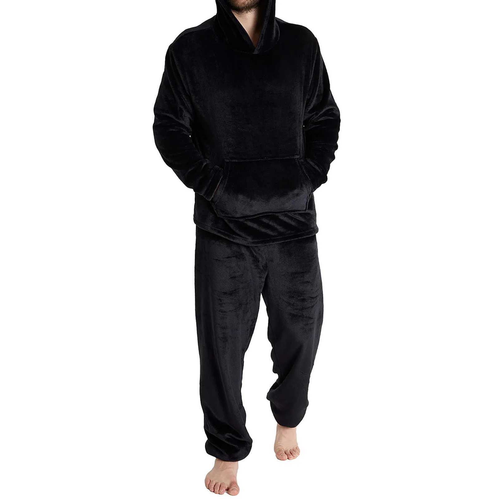 Winter mens wool casual long sleeved pajamas set coral velvet solid color pajamas mens plush thick hooded sweater W241221