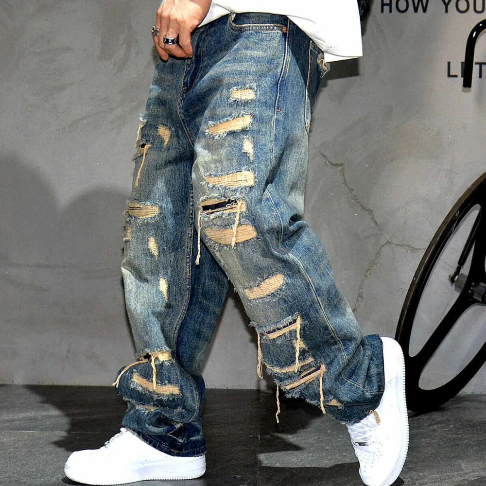American Streetwear Hand Sewn Patch Ripped Jeans For Men Skateboard Baggy Denim Straight Leg Pants Harajuku Fashion Trousers 241218