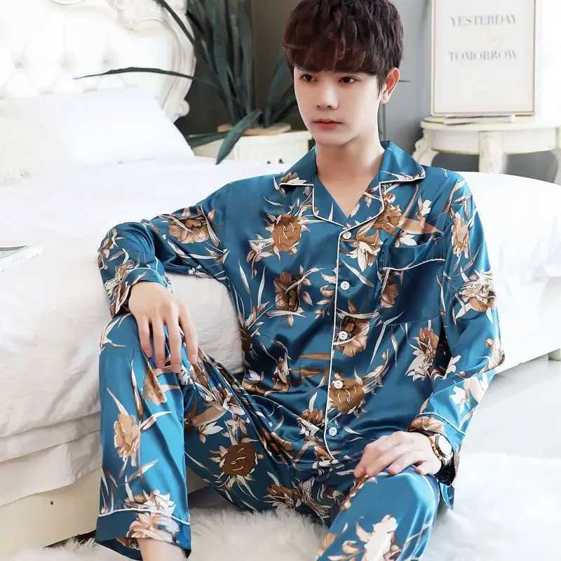 Luxury brand silk sleepwear mens long sleeved button up shirt long pants sleepwear set home casual wear Korean style loose sleepwear new W241221