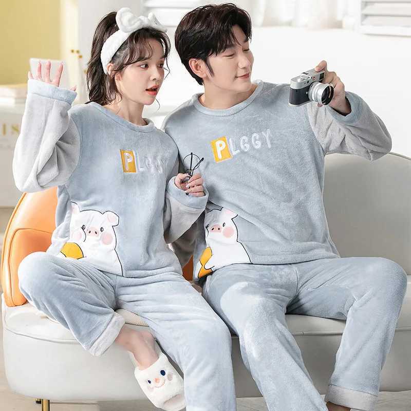 Autumn and winter thick warm flannel mens pajamas two-piece round neck coral velvet long sleeved family wear couple pajamas W241221