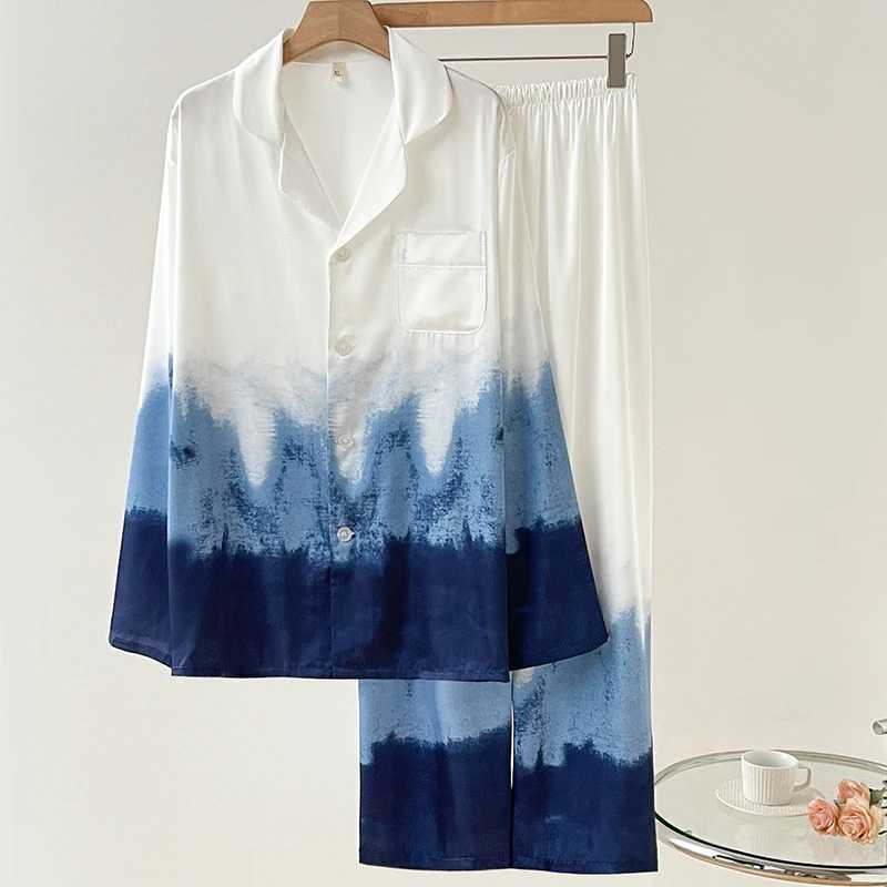 Couples Pajama Set Spring and Autumn Trouser Set Pajama Blue Ink Gradient Ice Silk Pajama Lounge Wearing Loose Home Clothing W241221