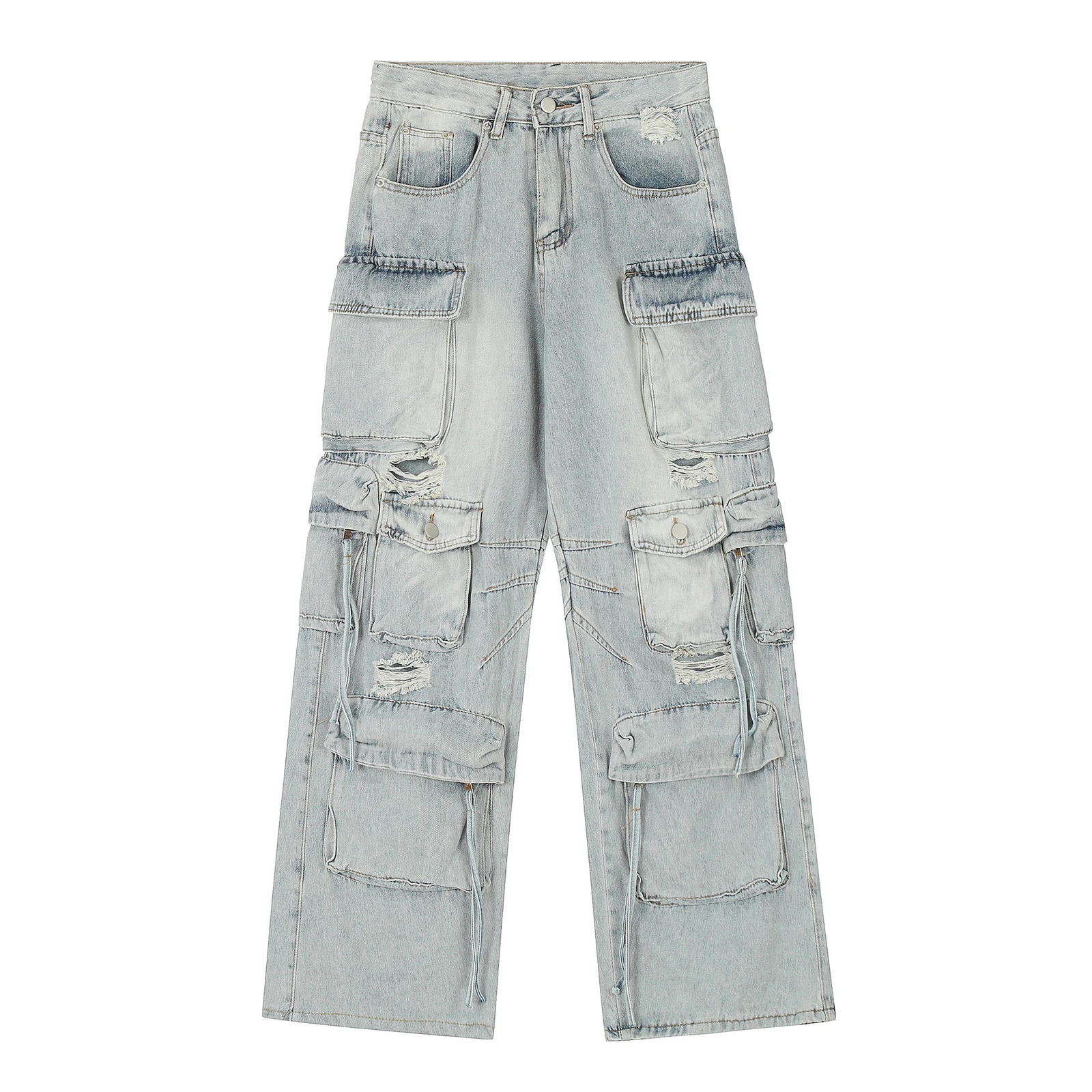 Multi Pocket Cargo Jeans Hip Hop Streetwear Pants for Men Distressed Ripped Baggy Drop 241218