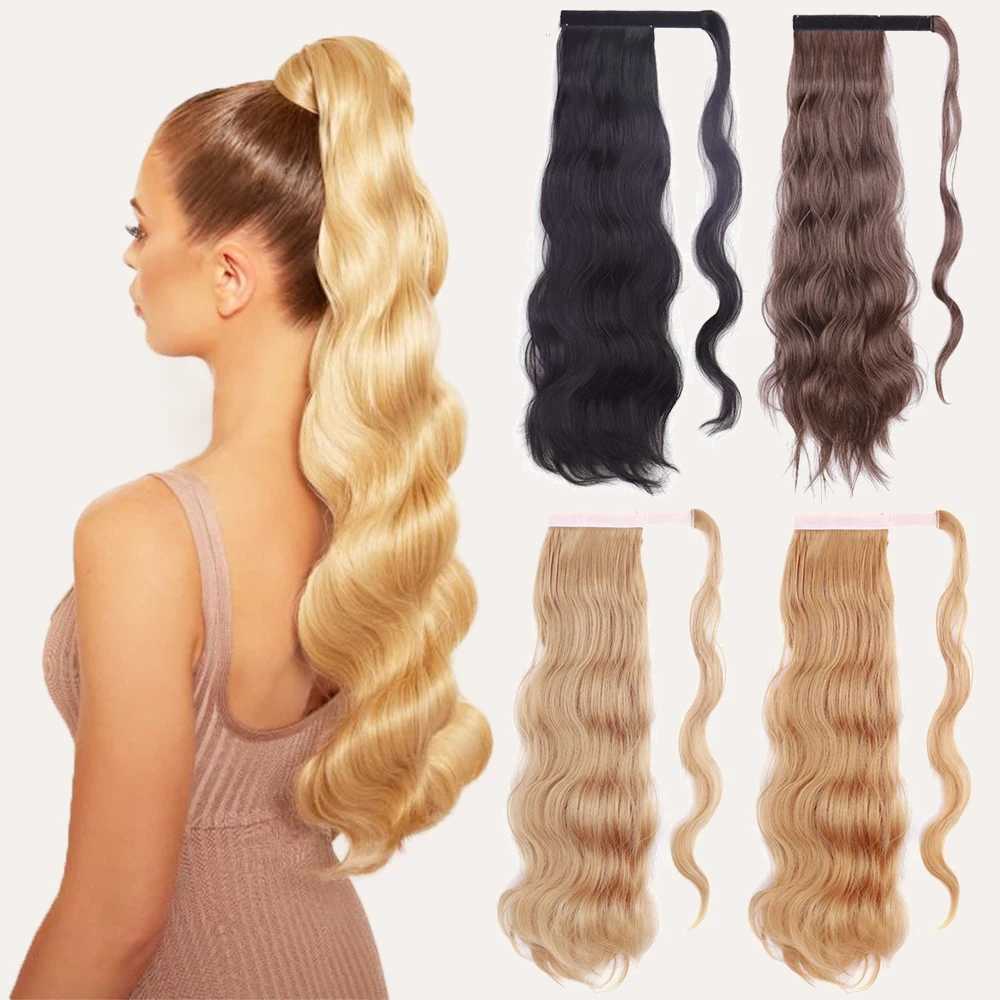 XINRAN Synthetic Long Hollywood Wave Ponytail Extension Wrap Around Ponytail Clip in Hair Extensions for Women Black Blonde RedXJ241221