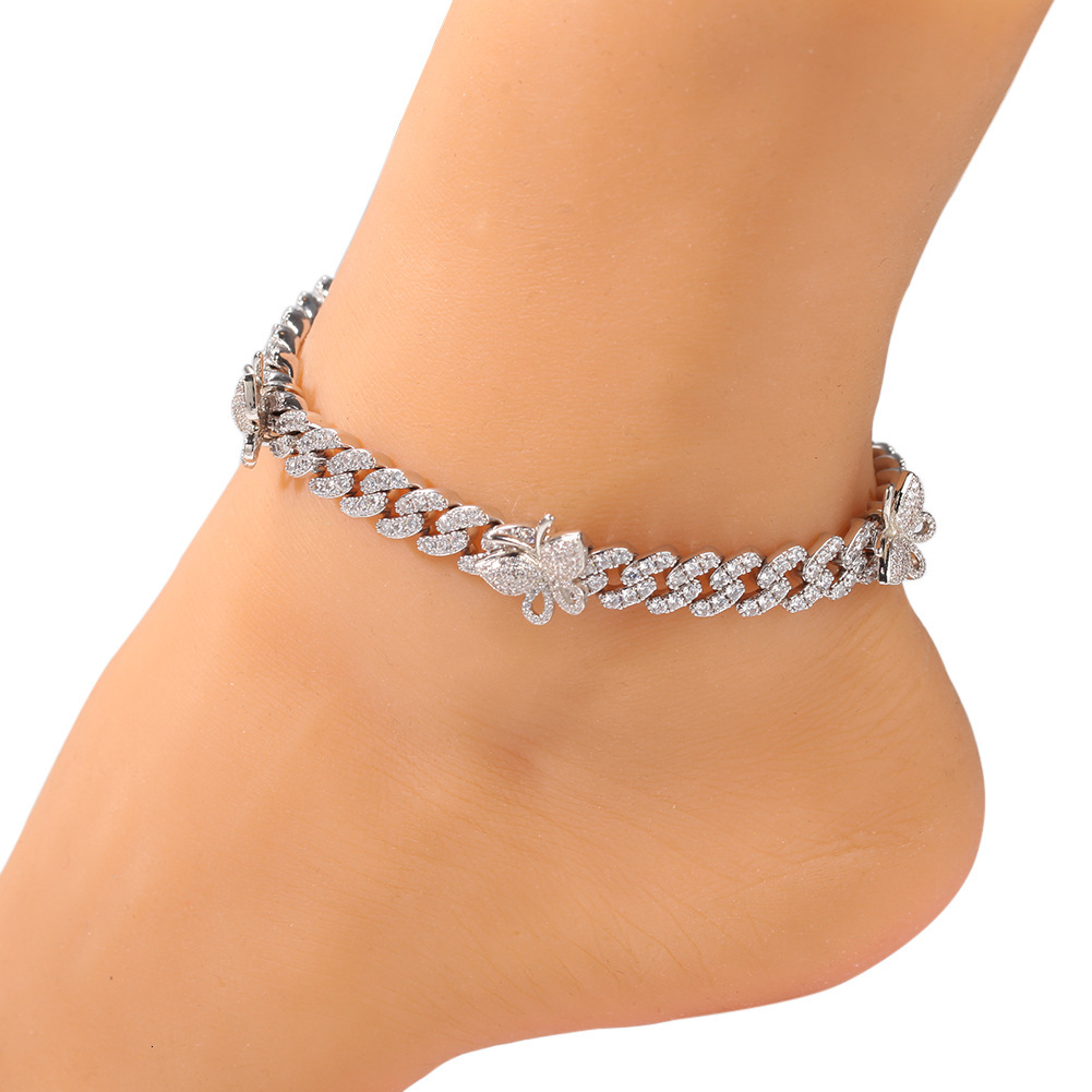 9mm 7-9inch Full Cz Stones Iced Out Butterfly Charms Bracelet Anklet Aesthetic Copper Prong Cubic Zirconia Hip Hop Cuban Link Chain Bangle Bracelets B