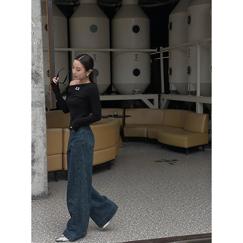 Womens Retro Wide Leg Baggy Blue Casual Denim Trouser Harajuku Aesthetic High Waist Loose Jeans Autumn Leopard Print Pant 241220