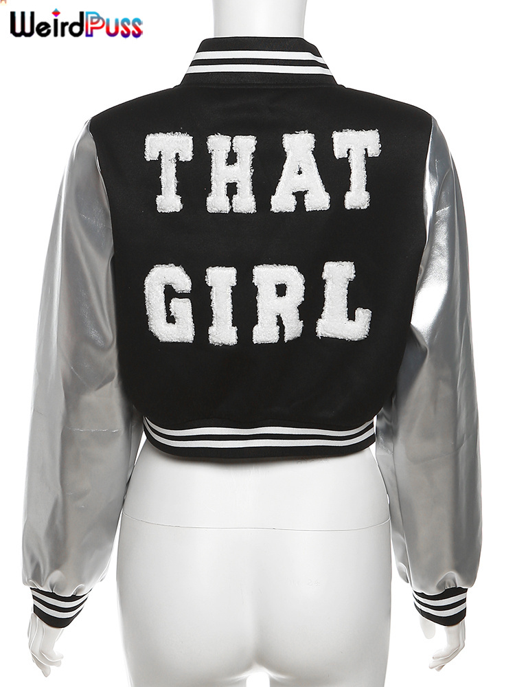 Weird Puss Fluffy Letter Short Jacket Varsity Women Hipster Leather Sleeve Patchwork Y2k Baseball Casual Wild Streetcoat Outwear