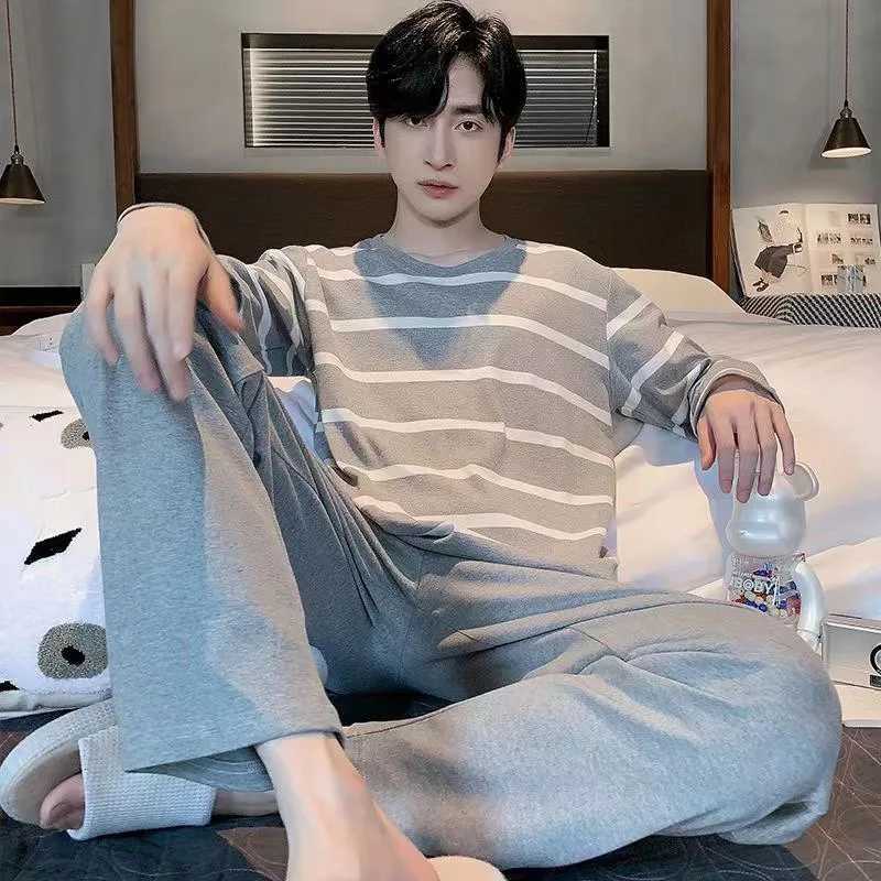 Plus size mens pajamas cartoon long sleeved Trouser student pajamas casual wear two-piece set round neck striped home wear W241221