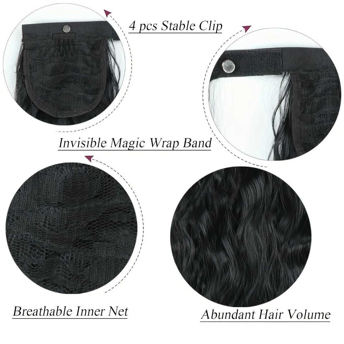 22 Inch Corn Wave Ponytail Extension Heat Resistant Synthetic Hair Extension Wrap Around Ponytail Black Hairpiece For WomenXJ241221