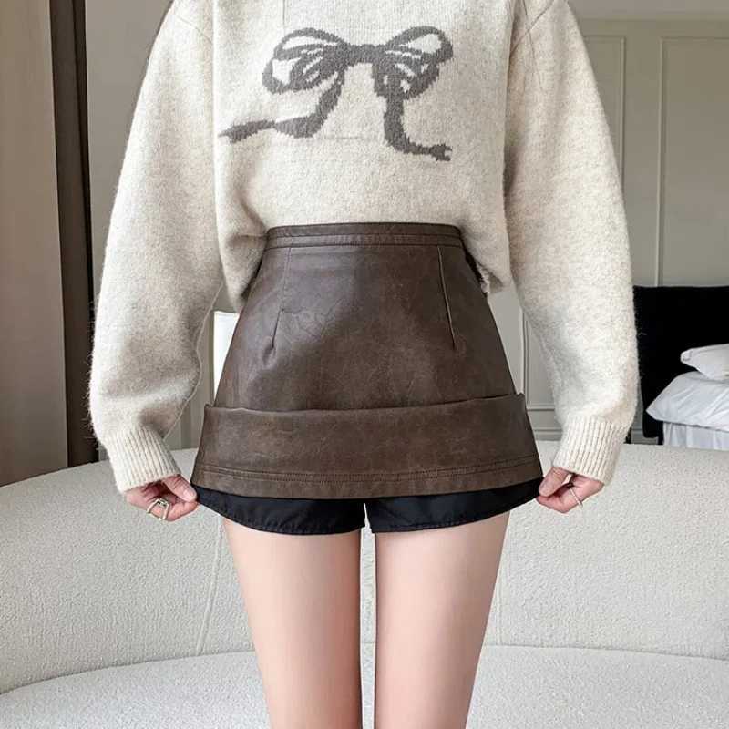 Ladies New Fashion PU Leather Mini Skirt Korean Style Autumn Winter High Waist A-line Leathers Skirts Women Casual Short SkirtsXJ241221