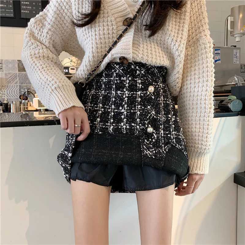 Vintage Plaid Tweed Skirts Thicken Women 2022 Winter Ele Single-Breasted Short Mini Skirt High Waist Fe A-line SkirtXJ241221