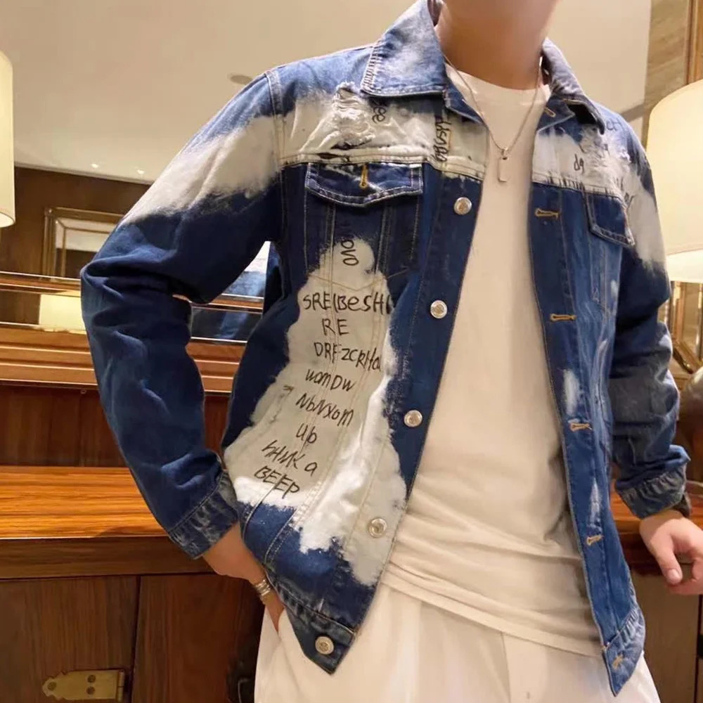Hole Letter Label Printing Fashion Mens Denim Slim Fit Bomber Jacket Mens Autumn Casual Hip Hop Denim Jacket Veste En Jean 241217