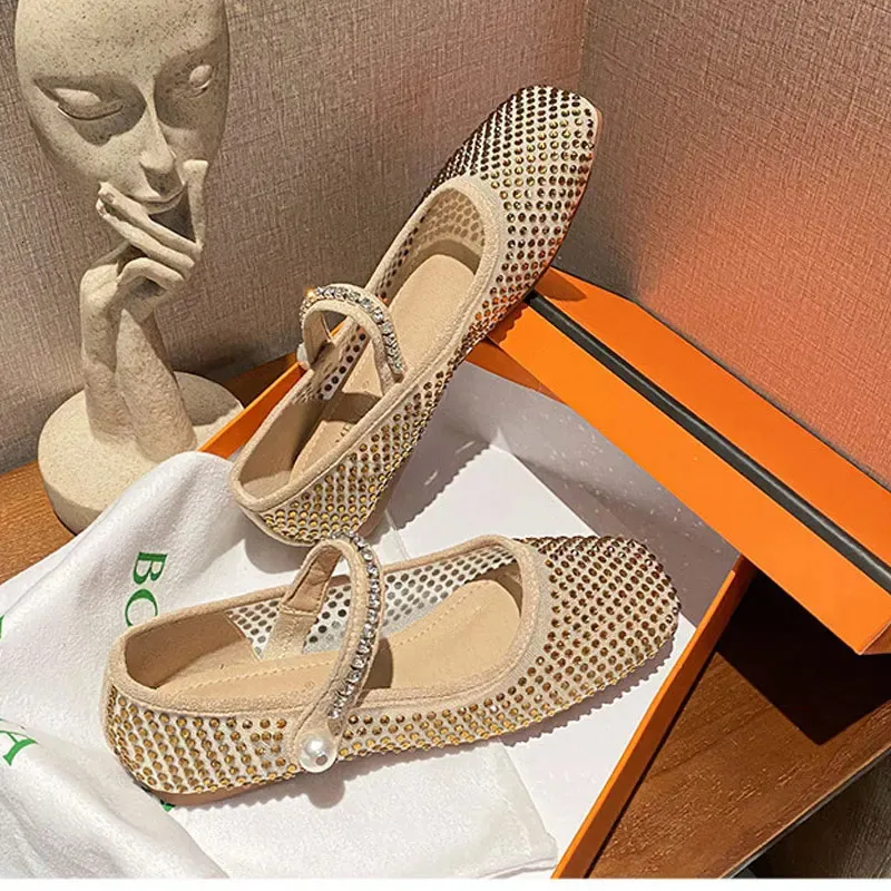 Spring Women Flat Shoes Fashion Crystal Mesh Square Toe Shallow Laady Ballet Flats Comfortal Rhie Mary Jane 240612 250313