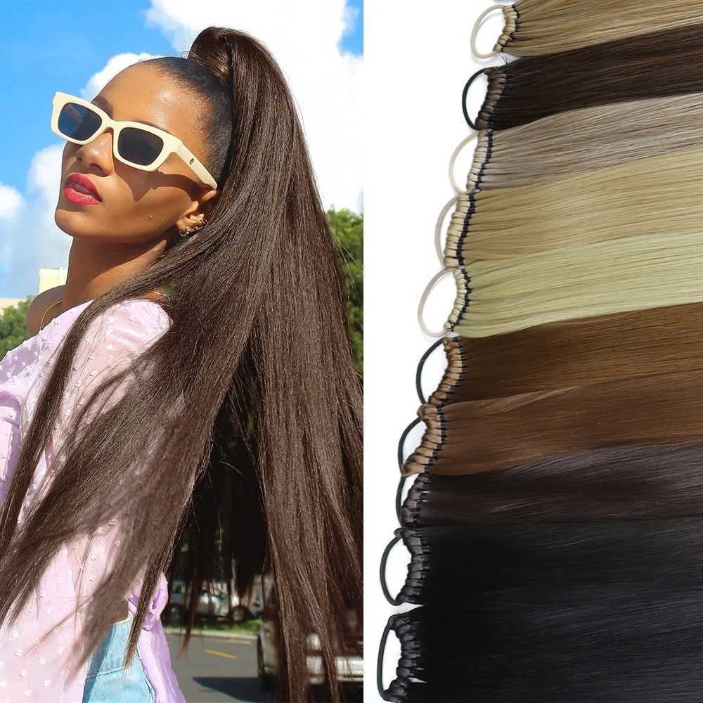24 Inch Synthetic Ponytail Extensions Black Natural Braided Pony Tail Hairpiece Long Straight Rubber Band Hair For WomenXJ241221