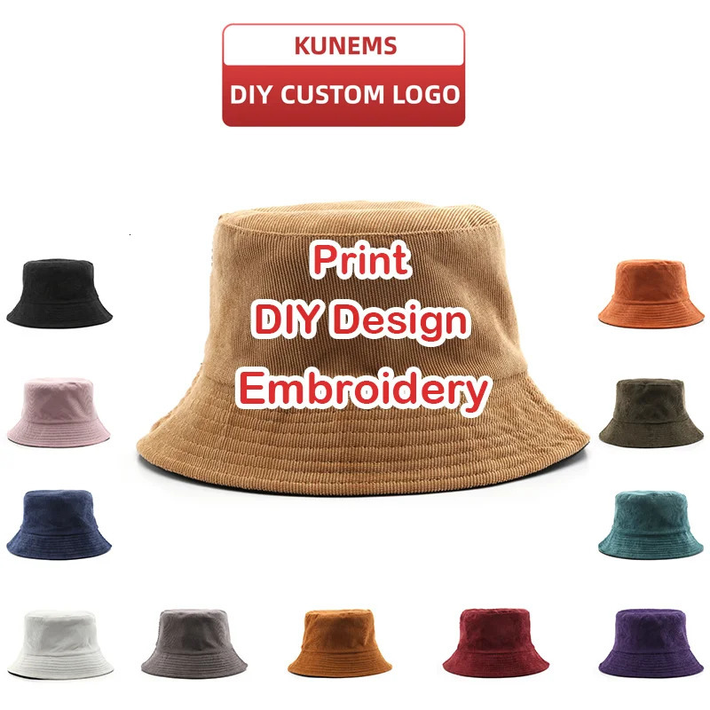 KUNEMS custom hat printing Corduroy bucket hat mens and womens embroidery DIY summer fisherman hat unisex 241219