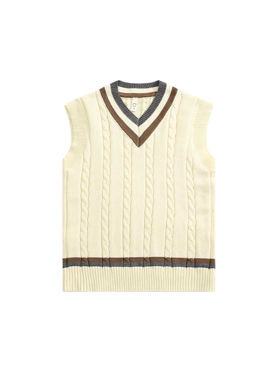 Mens British Retro College Style Color Block V-neck Sleeveless Knitted Vests Autumn Winter Versatile Layered Sweater WaistcoatXJ241221