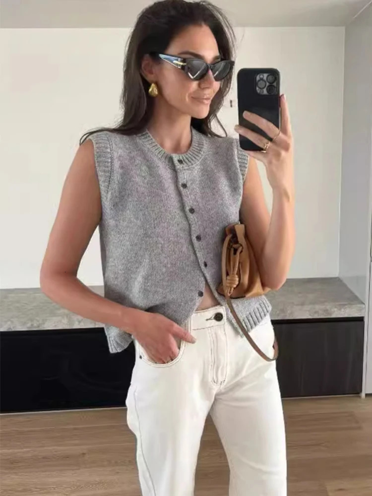Trendix Knit Vest Women Autumn Street Casual Single Cardigan Tank Tops Femme Solid Trendy Knitwear Sleeveless Sweater Top 241218