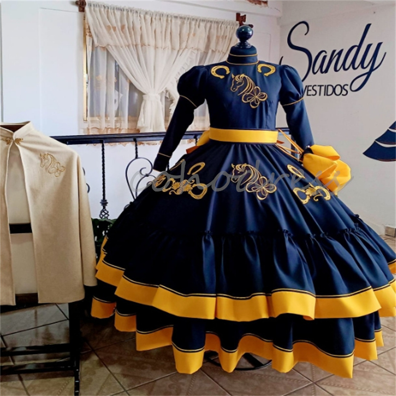 Mexican Black Quinceanera Dress Charro Embroidery Horse Long Sleeve Birthday Party Sweet 16 Vestidos De 15 Anos Xv Debutante Halloween Cosplay Costume