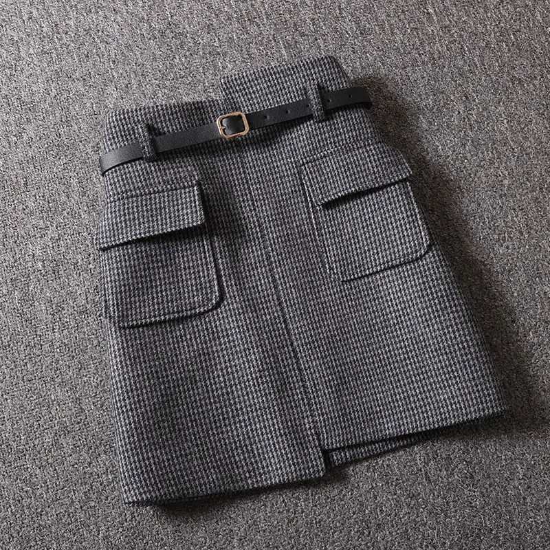 Chic Plaid Thick Woolen Mini Skirts Women Winter New 2023 High Waist Slim Double Pockets Black Gray Faldas jer OLXJ241221