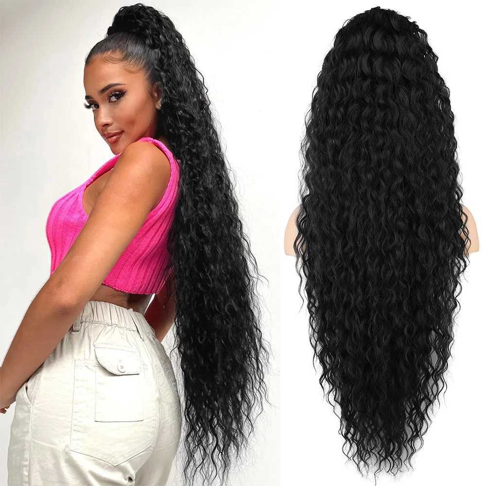36 inch Drawstring Ponytail Extension Synthetic Black Long Lightweight Full Natural Curly Fake Tail Multi Layered HairpieceXJ241221