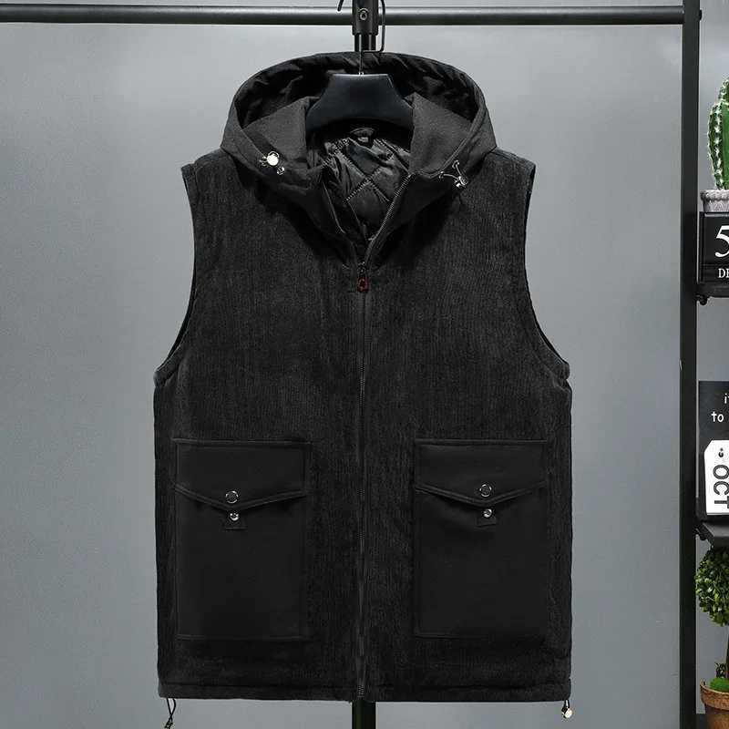New Large Big Size Men Cotton Padded Vest Hooded Autumn Thermal Sleeveless Jacket Male Warm Corduroy Waistcoat Winter SweatshirtXJ241221