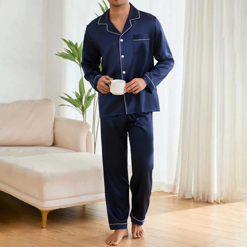 Mens satin pajama set autumn collar long sleeved top and pants pajama button down jacket mens pajama W241221