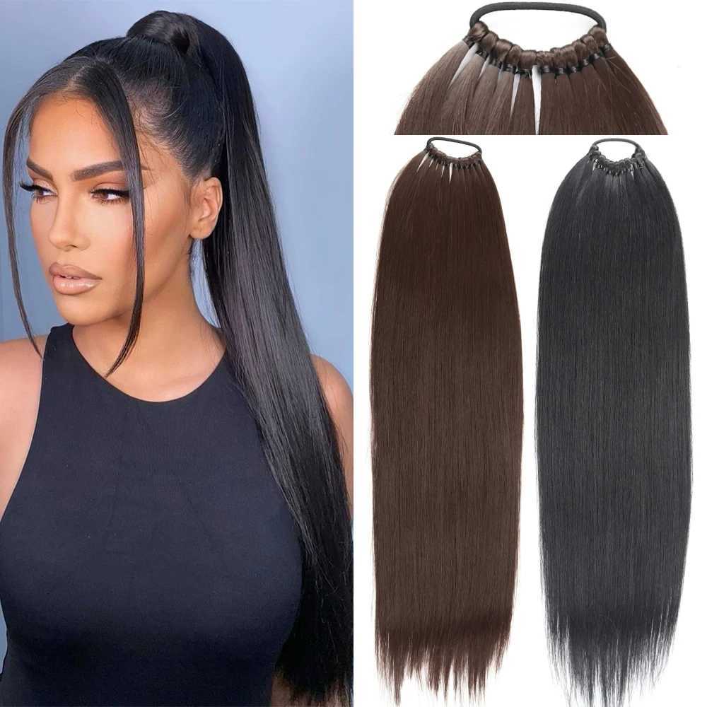 Synthetic Long Straight Ponytail Hair Extensions 24 Inch Black Brown Rubber Band Pony Tail Hairpiece For Women Daily UseXJ241221