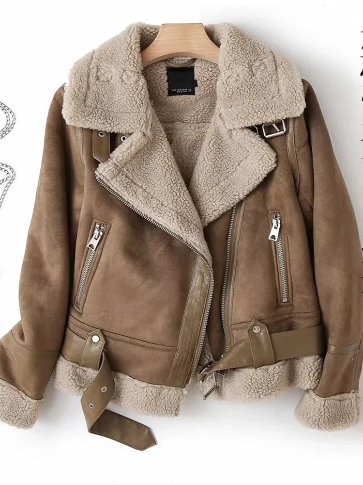 Winter Faux Leather Jacket Women Punk Suede Fur Coat Biker Motorcycle Warm Black Outerwear ED1838 241216