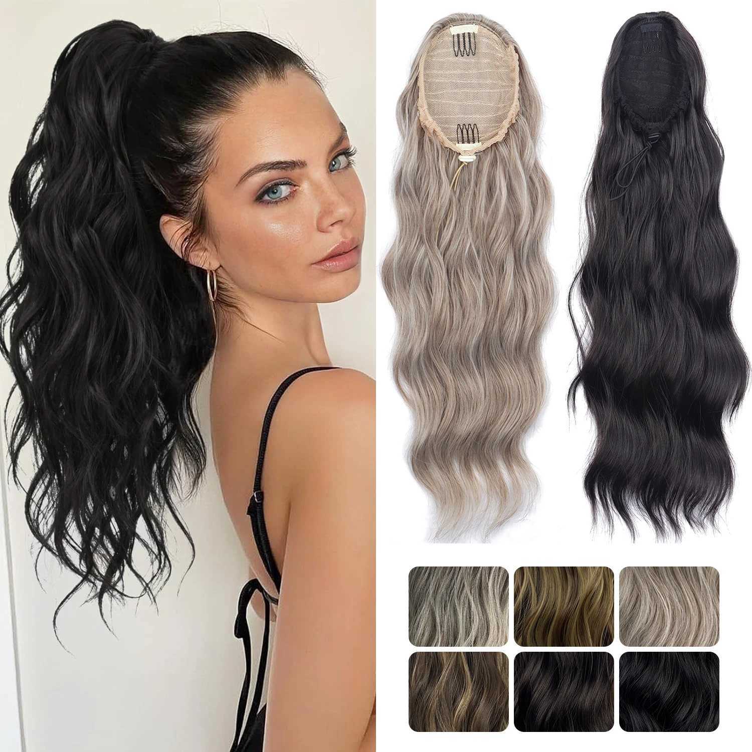 LISI GIRL Synthetic Natural Wave Drawstring Ponytail Extension 18 Inch Long Wavy Clip In Pony Tail Hairpiece For Daily Party UseXJ241221