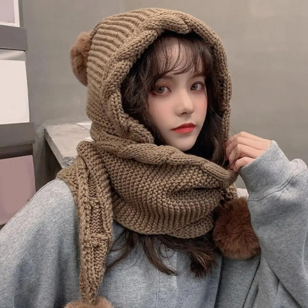Twist Trim Knitted Scarf Hat Women Novelty Beanies Caps Plush Balls Decor Scarf Hat Casual Plush Hat Windproof Women Winter Caps 241214