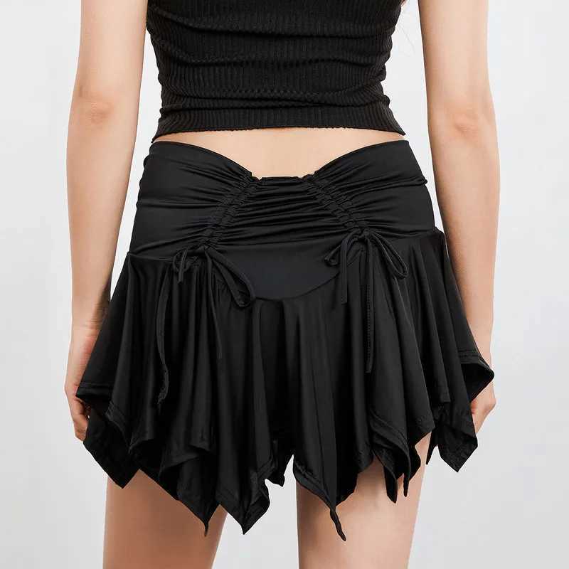 WPNS Women Gothic Punk Irregular Skirts Solid Color Drstring Tie-Up Ruched Ruffles Mini Skirt Summer Fashion Short SkirtsXJ241221