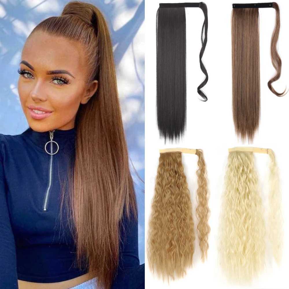 Synthetic Wrap Around Ponytail Clip in Hair Extensions Long Straight Ponytail Long Hairpiece Headwear Brown Gray HairXJ241221