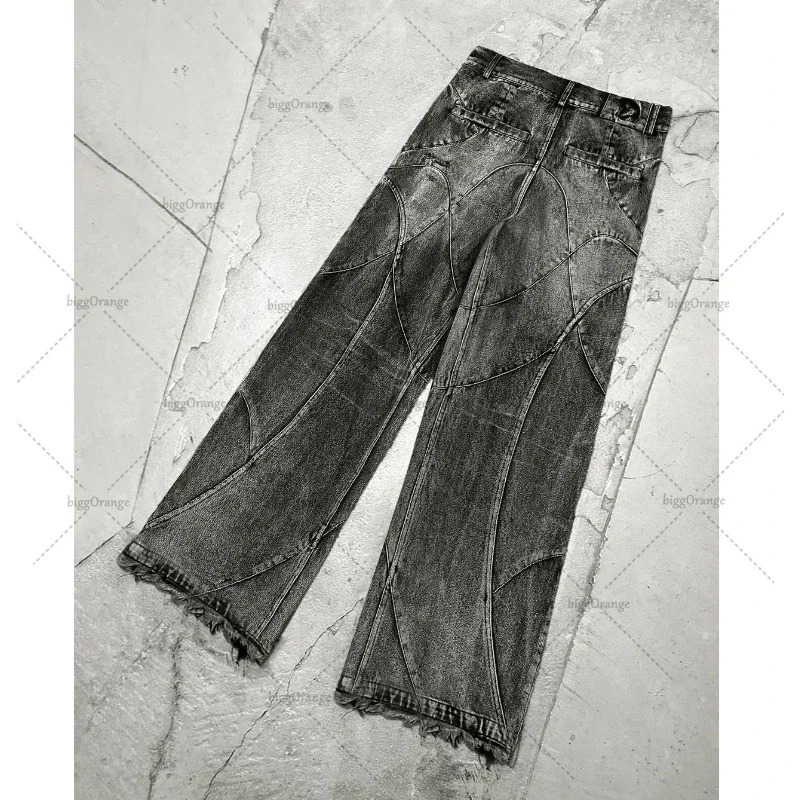 Y2k Streetwear Punk Hip Hop Jeans West Workwear Ripped Rap Style Loose Wash Plus Size Clothing Men Mopping Pants 241220