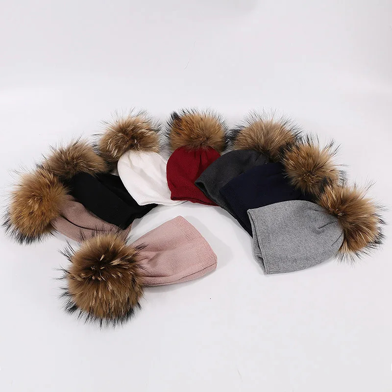 Childrens Knit Hexagonal Watermelon Beanie Hat Raccoon Fur Pom Winter Hat Boy Girl Warm Skullies Bone Kids Baby Soft Cap 241214