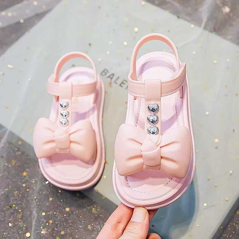 Sneakers Girls Open Toe Breathable Solid Color Sandals With Bowknot Decor Comfy Non Slip Chunky Beach Water Shoes Kids Indoor Footwea H241221