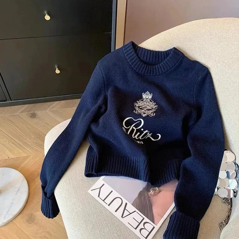 Letters Embroidery Pullover Sweater Spring/Summer Womens Round Neck Long Sleeve Knitted Jumper Womens Casual Top 241219
