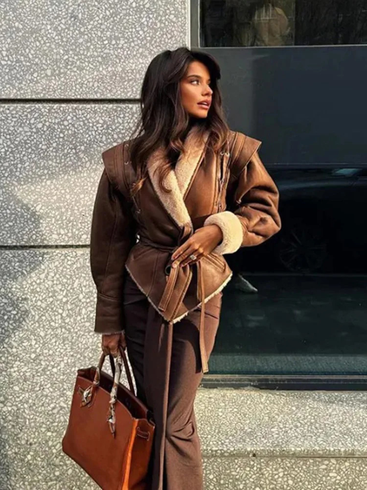 TRAF Womens Fur One Warm Suede Jacket Autumn and Winter High Street Vintage Long Sleeve Belted n Womenswear 241216