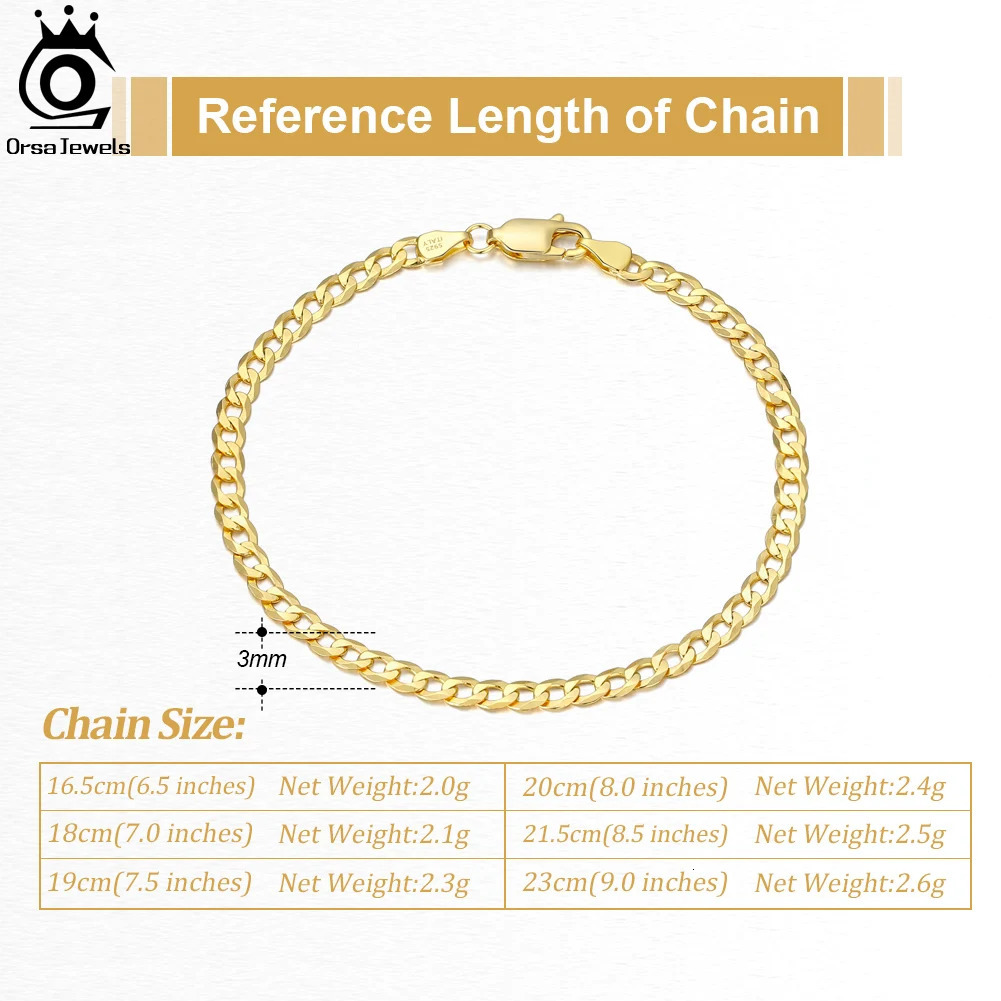 ORSA JEWELS 925 Sterling Silver 3mm Cuban Link Curb Chain Bracelet Gold Italian Cuban Bracelet Jewelry for Men Women SB123 241220