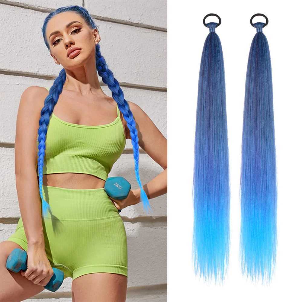 DIY 26 inch ponytail extension with elastic tie straight Sleek wrap braid yellow blue gradient ponytailXJ241221