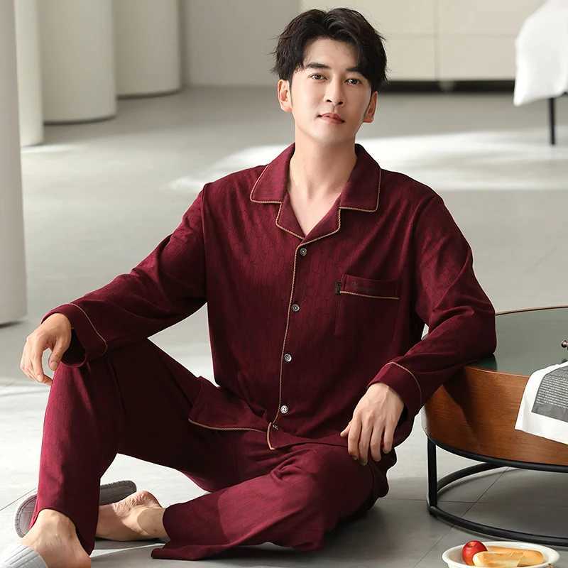 High quality M-4XL mens sleepwear set 100% pure cotton lapel sleepwear mens autumn sleepwear W241221
