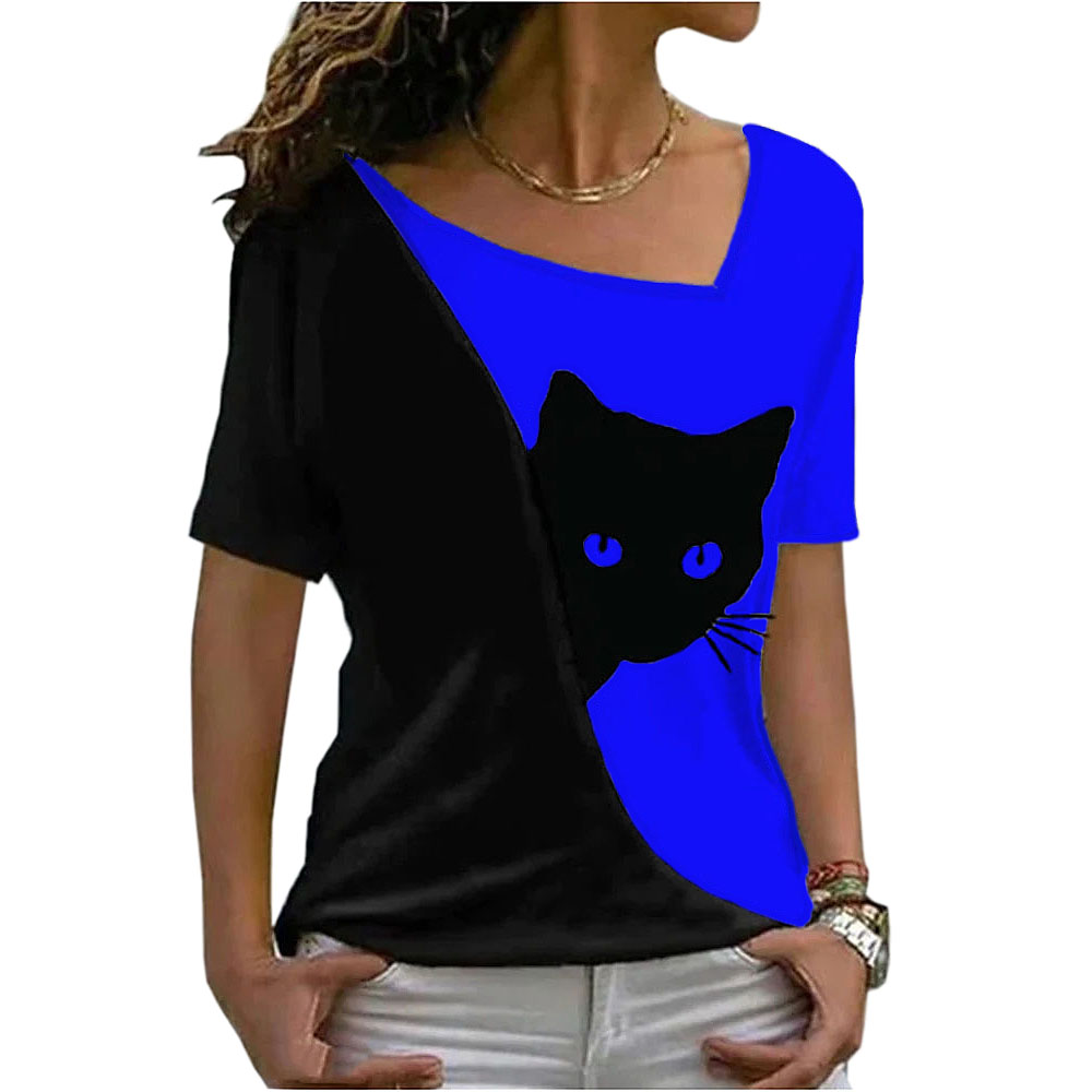 2025 summer women clothes blouse new style inclined collar black cat print short sleeve T-shirt women