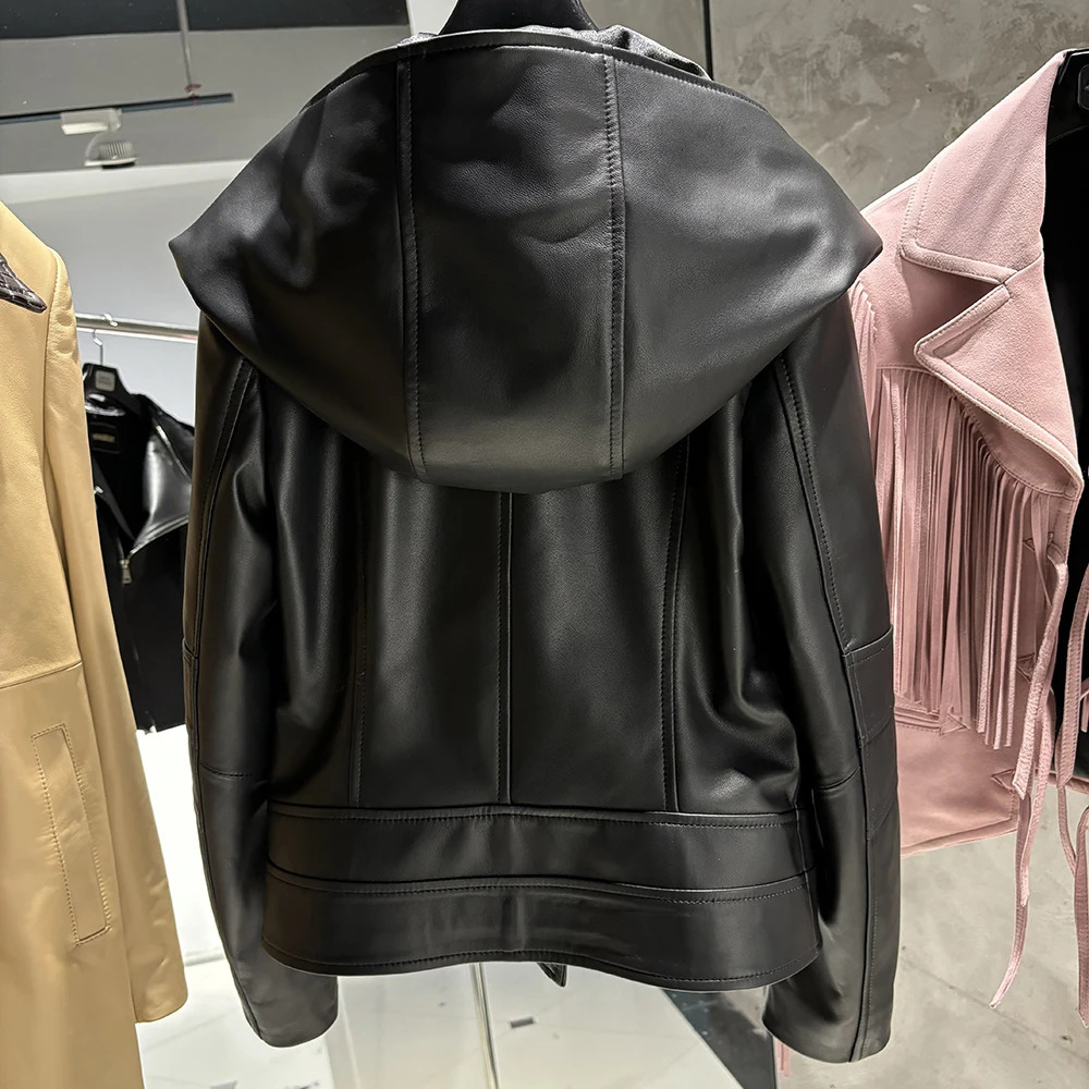 YOLOAgain Women Real Leather Jacket With Hood Genuine Sheepskin Coat 241216