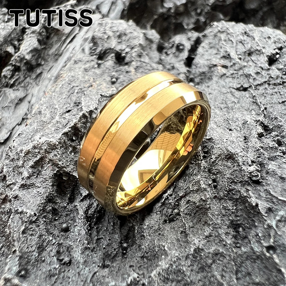 TUTISS 8mm Artificial gold Rose Color Tungsten Carbide Ring Men Women Wedding Band Center Groove Brushed Beveled Edges 241220