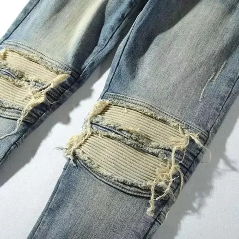 Male Cowboy Pants Punk Broken Jeans For Men Slim Fit Trousers Ripped Skinny Torn Tight Pipe With Slits Holes Stylish Denim 241218