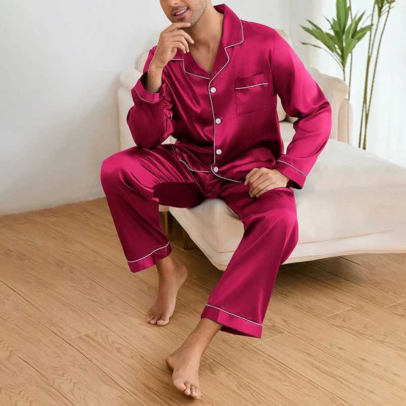 Mens satin pajama set autumn collar long sleeved top and pants pajama button down jacket mens pajama W241221