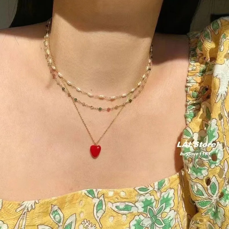 Meteoric effect heart necklaces for women red enamel heart necklaces for teenage girls cute kawaii jewelry 241220