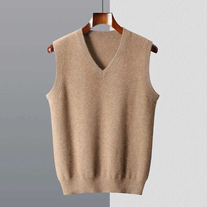 Mens Sweater Vest 100% Merino Wool camisole Spring Autumn New Style V-Neck Knitted Pullover Vest Casual Solid Color MenswearXJ241221
