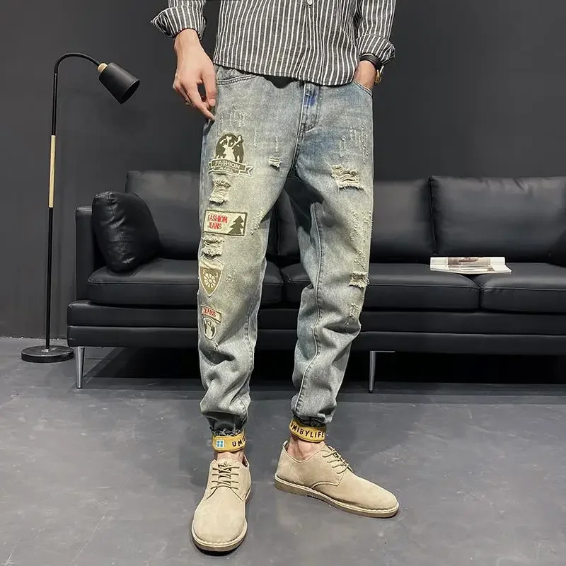 Male Cowboy Pants Torn Harem Ripped Jeans for Men Cargo Cropped Trousers with Holes Broken Classic Grunge Y2k Xs Regular Summer 241218