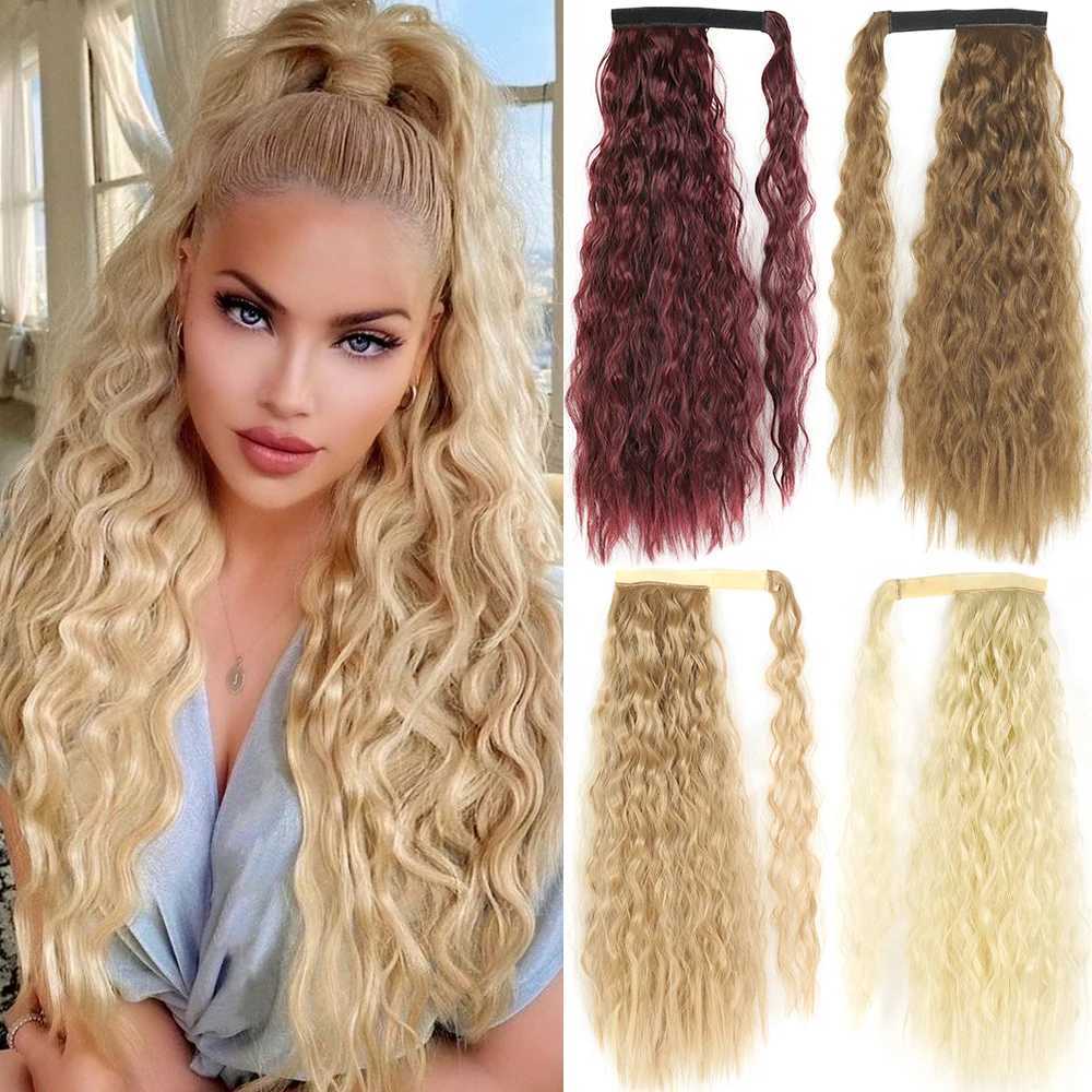 Synthetic Long Corn Wavy Ponytail Hairpiece 55 85cm Wrap Around Hair Clip in Black Ombre Blonde Hair Extensions Pony TailXJ241221