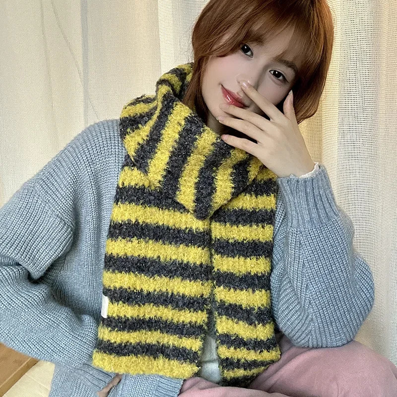 Korean Sle Striped Knitted Scarf Women Winter All-Match High-Grade Wool Warm Christmas and Year Gift 241220